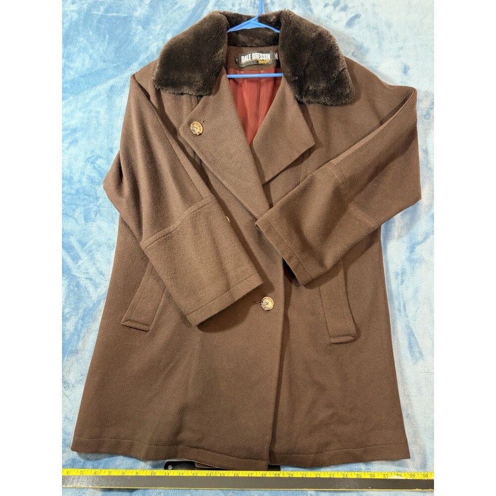 Vtg 80s Dale Dressin for Harlan Wool Coat Faux Fur Collar Brown Red Lining Sz 8